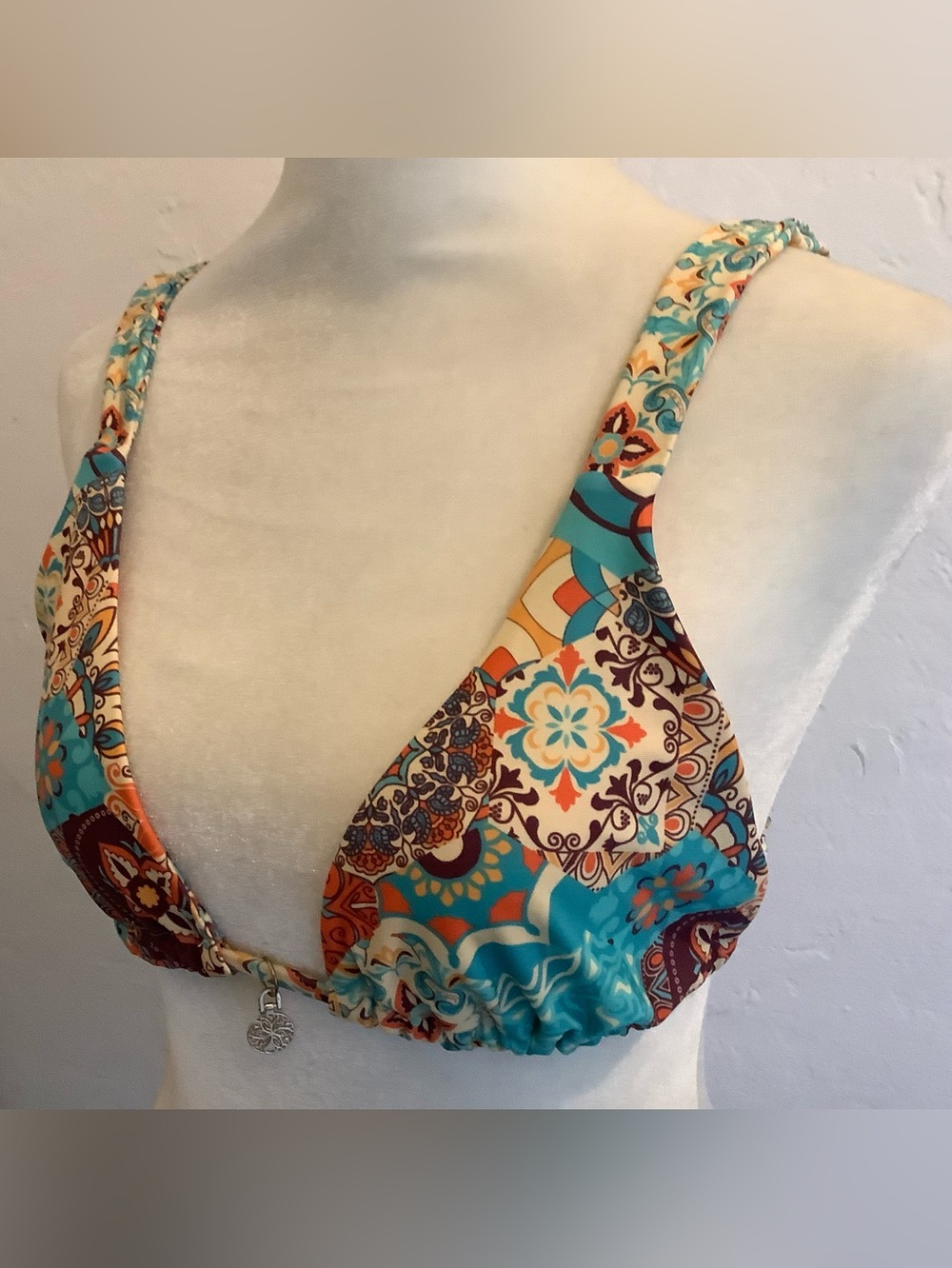 Beautiful Boho Bikini Top Intricate patterns, goldtone dangle & vibrant colors.